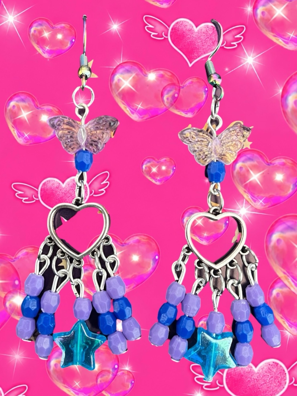 Butterfly & Heart Dangle Earrings in Pink, Blue & Purple